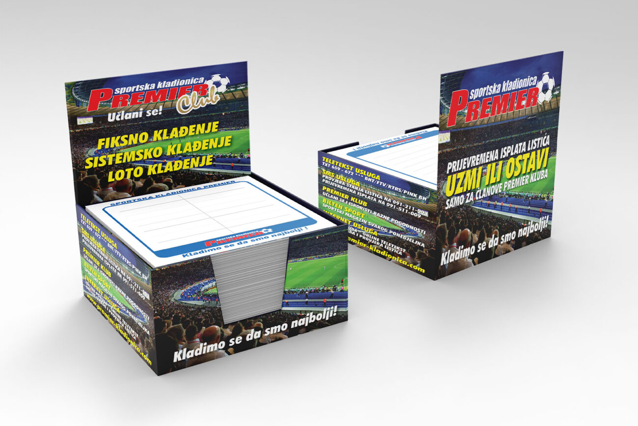 Kutije Premier kladionica. Kutije za blok kocku. Offset tisak kutije i listova. Ambalaža. Tisak ambalaže. Štampa ambalaže.